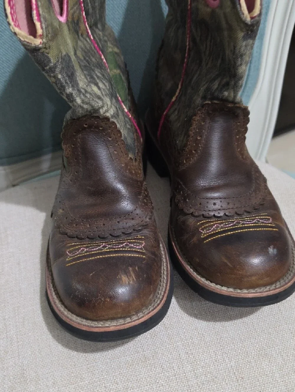 Ariat Brown Leather & Camo Ankle Boots with Pink Accents